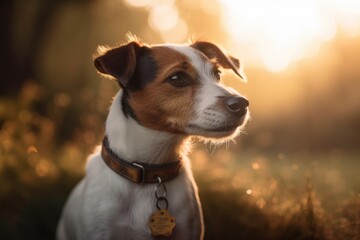 Wall Mural - Over a background of trees and lush grass that is blurred, a Jack Russell dog is looking up. A gorgeous puppy is wearing a collar around his neck. The image is hazy. Generative AI