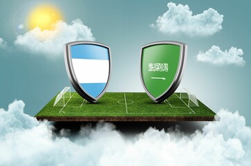 Wall Mural - 3d illustration of Argentina vs Saudi Arabia shield shaped flags on cricket stadium in the sky