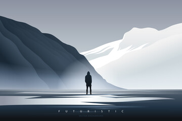 Wall Mural - Futuristic technology background with a lonely figure. Sci-Fi poster. Minimal mountain landscape.  Abstract art wallpaper for web, prints, art decoration and applications. Vector illustration