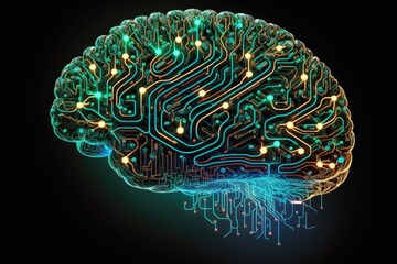 Wall Mural - Human brain glowing digital technology, deep learning, AI concept, Generative AI
