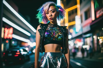 Wall Mural - Portrait of woman with colorful, messy, and glowing hair stands on a busy street in a futuristic metropolis. AI generated