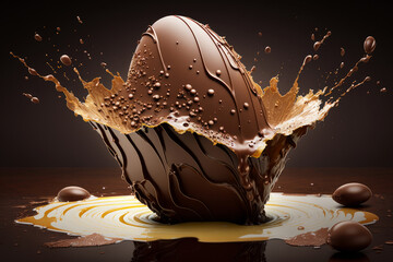 Wall Mural - Luxury chocolate easter eggs making a splash in chocolate. Generative ai