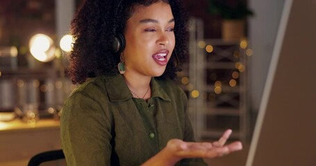 Poster - Call center, black woman in office at night and advice at customer service agency for support and networking. Smile, overtime and happy help desk agent or crm consultant with headset on phone call.