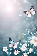 Wall Mural - Flowering branches and petals on a blurred background and butterfly.