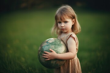 Little girl hugs Earth planet, globe on the green blur forest background. Earth day. Eco, environment protection. ecology concept. Generated Ai