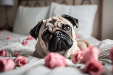 Wall Mural - On the bed with a peony bloom was a funny pug dog. Thoughtful congratulations. Generative AI