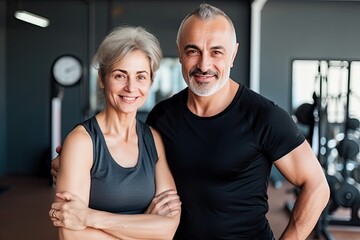 Portrait of posing active senior couple exercising in gym club together - generative ai