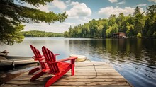 Two Red Adirondack Chairs On A Wooden Dock On A Lake - Generative Ai