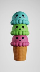 Poster - Vertical 3D render of a cartoon ice cream cone with scoops with cute faces