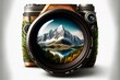 the image of a mountain is in the camera lens lens
