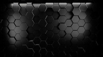 Black geometric hexagonal abstract background. Surface polygonal pattern with glowing hexagons. 3d illustration