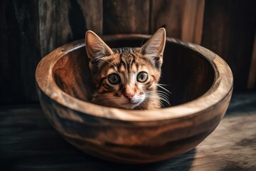 Sticker - Cat in a dish made of wood. Generative AI