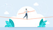 Business risk and professional strategy concept. Businesswoman walks over gap as tightrope walker. Manage Business risk. Woman walking tightrope. Funambulist. Balance-master. Flat illustration