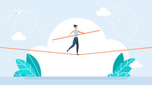 Business Risk And Professional Strategy Concept. Businesswoman Walks Over Gap As Tightrope Walker. Manage Business Risk. Woman Walking Tightrope. Funambulist. Balance-master. Flat Illustration