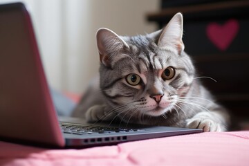 Poster - lovely gray tabby cat with a heart shaped laptop. fun animal. Background in pink. Love and Valentine's Day. selective attention. Generative AI