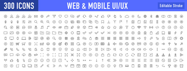 Poster - Set of 300 Interface ui, ux web icons in line style. User, profile, message, mobile app, document file, social media, button, home, chat, arrow, collection. Vector illustration.