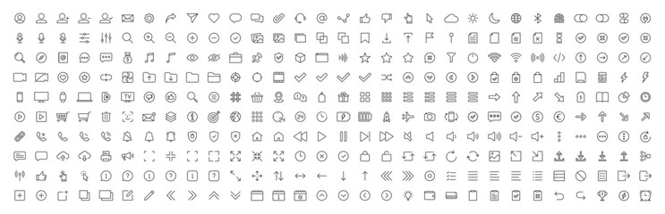 Set of 300 Interface ui, ux web icons in line style. User, profile, message, mobile app, document file, social media, button, home, chat, arrow, collection. Vector illustration.