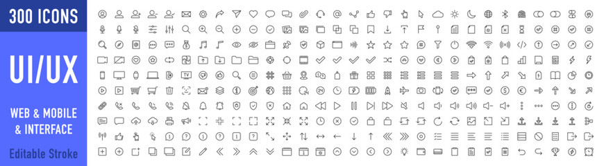 Poster - Set of 300 Interface ui, ux web icons in line style. User, profile, message, mobile app, document file, social media, button, home, chat, arrow, collection. Vector illustration.