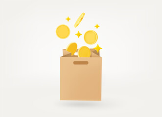 Poster - Shopping bag with gold coins. Pay for products concept. 3d vector illustration