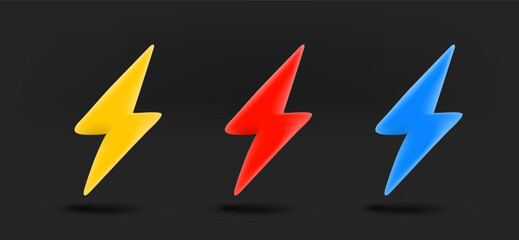 Aufkleber - Different color thunderbolt icons collection. 3d vector isolated on black background