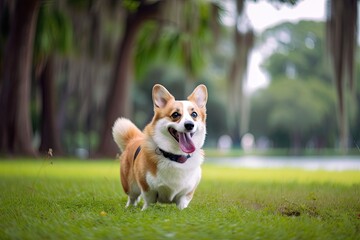 Poster - adorable welsh corgi Dog in Pembroke, Florida, grinning while standing on grass. Corgi dog walking in the nearby park. Generative AI