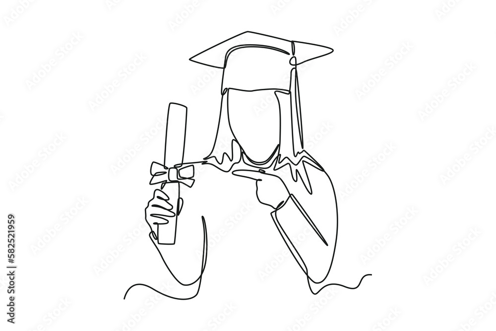 One Line Graduate Continuous one-line drawing graduates pointing graduation certificates ...