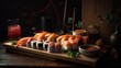 Sushi and sashimi japanese food. Maki and rolls with tuna, salmon, shrimp and more. All you can eat menu. Sushi roll, uramaki, hosomaki, nigiri sashimi. Generative AI.