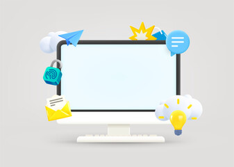 Poster - Computer monitor with communication elements and blank screen. Web communication concept. 3d vector illustration