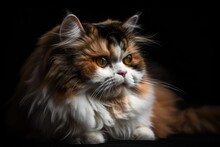 A Gorgeous Tricolor Female Persian Cat Lays On Her Side In Close Up. Generative AI