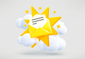 Poster - Opened envelope with letter and yellow flash. Surprise concept. 3d vector illustration