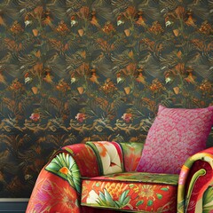 Wall Mural - A floral-patterned armchair with a blanket thrown over it2, Generative AI