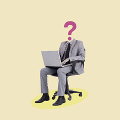 Creative Art collage of a man with a head shaped like a question mark sitting on an office chair with a laptop. Concept of business, ideas, professionalism and success. Copy space.