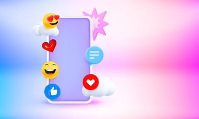 Poster - Modern smartphone with social media elements and blank screen. 3d vector banner with copy space
