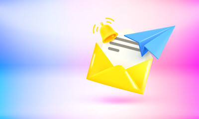 Poster - Yellow envolope and blue plane. Sending or receiving a new message concept. 3d vector banner with copy space