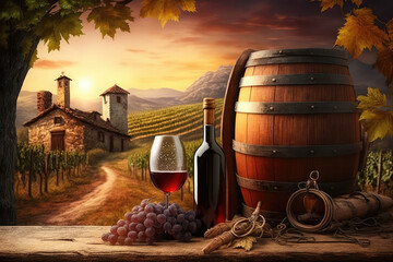 Wine Glasses And Bottle With Barrel In Vineyard At Sunset (ai generated)