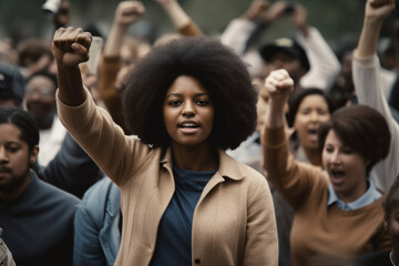 black woman marching in protest with a group of protestors with their fist raised in the air as a si