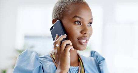 Aufkleber - Phone call, time and black woman talking in office, chatting or speaking to contact on schedule. Cellphone, watch and happy African female with smartphone for business communication or discussion.