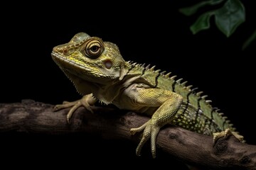 Poster - Front view of Gonocephalus doriae on a branch with a black background, animal closeup. Generative AI