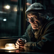 Generative AI - A elderly homeless man sitting at a table in a dark room with a window behind him, cinematic photography, a character portrait, art photography