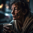 Generative AI - A homeless woman holding a cup of coffee looking at the camera with a serious look on her face and hands, American realism