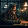 Generative AI - A homeless man sitting at a table looking out a window at night time, with a lamp on the side, cinematic photography, a character portrait, photorealism