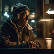 Generative AI - A homeless man sitting at a table with a cup of coffee in front of him and a lamp on the side, cinematic photography, a character portrait, american realism