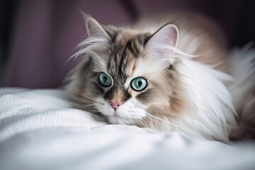 Sticker - close up of a lovely fluffy multicolored cat on a bed. Generative AI