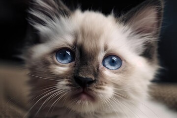 Wall Mural - the sweetest and innocent newborn cat model. Scottish and Himalayan Blue Point origin. Blue eyes, a black nose, and white fur. Generative AI