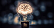 Light bulb with shape of human brain inside lighting. Creative concept of idea and innovation. Generative AI