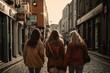 Three female friends walking in the middle of the road, generative ai
