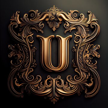 u letter in a golden monogram relief, generative AI