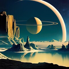 Wall Mural - a deserted abstract colorful alien landscape. alien planets during sunrise. generative ai art.