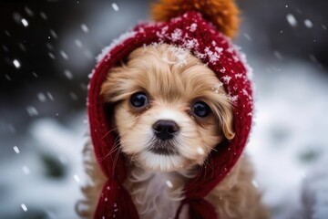 Canvas Print - cute puppy, small dog, holiday scene, new year's postcard, snowstorm, and winter. Generative AI