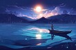 © Hanjin - night scenery of a man rowing a boat among many glowing moons floating on the sea, digital art style, illustration painting - Generative AI